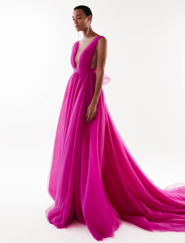 Fuchsia Long Mermaid Deep V-neck Sequined Prom Dress with Sleeves –  BIZTUNNEL